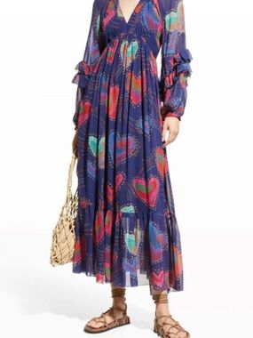 Farm Rio "Shinny Hearts" printed ruffle maxi dress